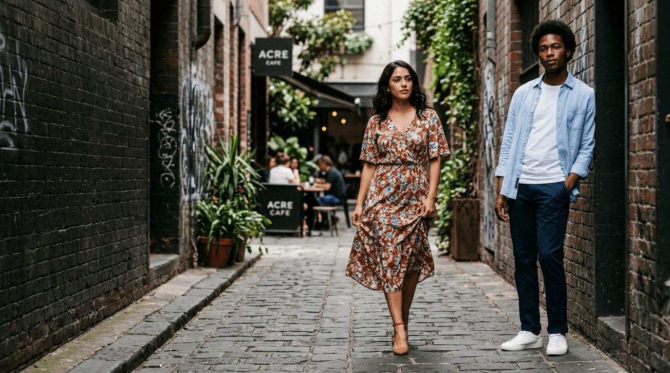 AI-generated lifestyle campaign imagery — couple walking through a Melbourne laneway in branded fashion